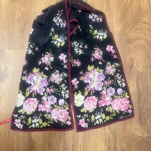 Vintage Anne Klein 100% Silk scarf black pink floral signed rectangle Korea